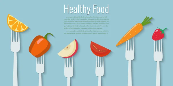 Λαχανικά και φρούτα στην πιρούνια. Εικονογράφηση διάνυσμα υγιεινά τρόφιμα — Διανυσματικό Αρχείο