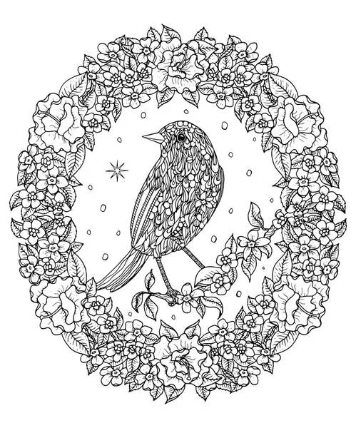 Vogel en bloem krans kleurplaat. Berg Bluebird — Stockvector