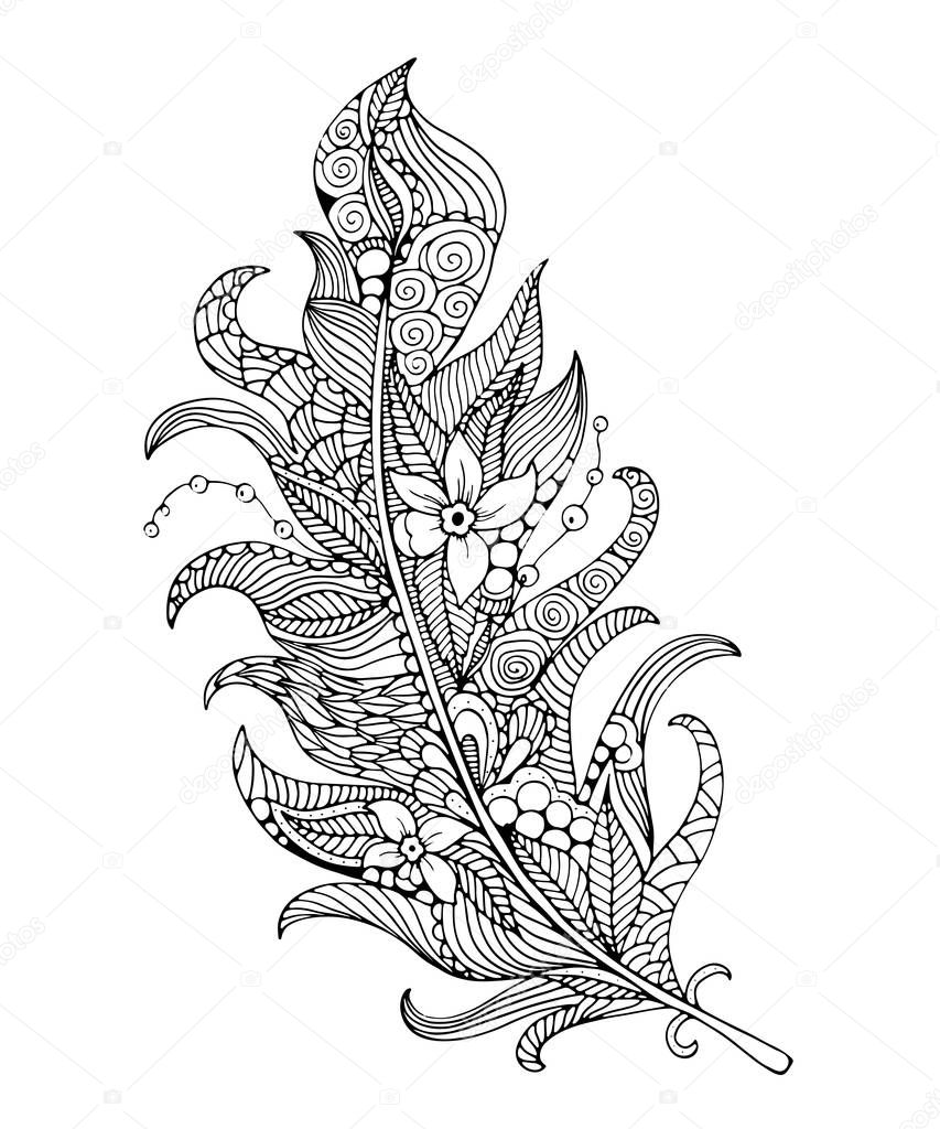 Feather coloring page. Hand-drawing feather