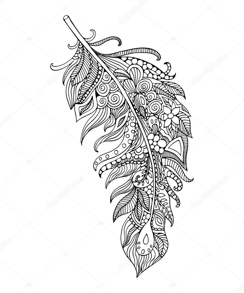 Feather coloring page. Hand-drawing feather