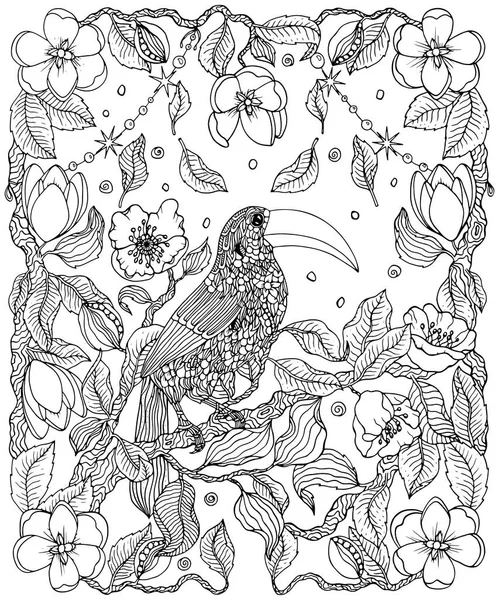 Toucan en bloemen kleurplaten pagina — Stockvector