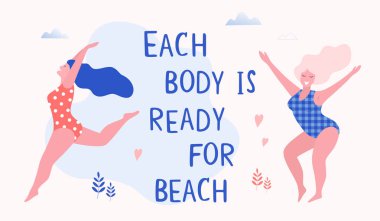 Mutlu güzel aktif artı boyutu kız vektör düz illüstrasyon