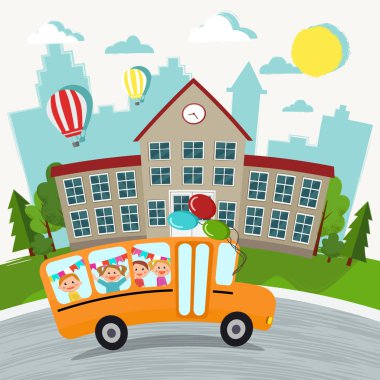 Okul vektör illüstrasyonuna tekrar hoş geldiniz. Okul ve okul otobüsü