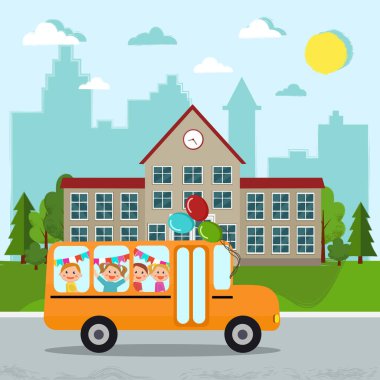 Okul vektör illüstrasyonuna tekrar hoş geldiniz. Okul ve okul otobüsü