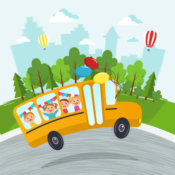 Okul vektör illüstrasyonuna tekrar hoş geldiniz. Çocuklu okul otobüsü