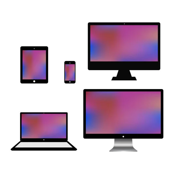 Conjunto de monitores de ordenador realistas, ordenador portátil, tableta y móvil ph — Vector de stock