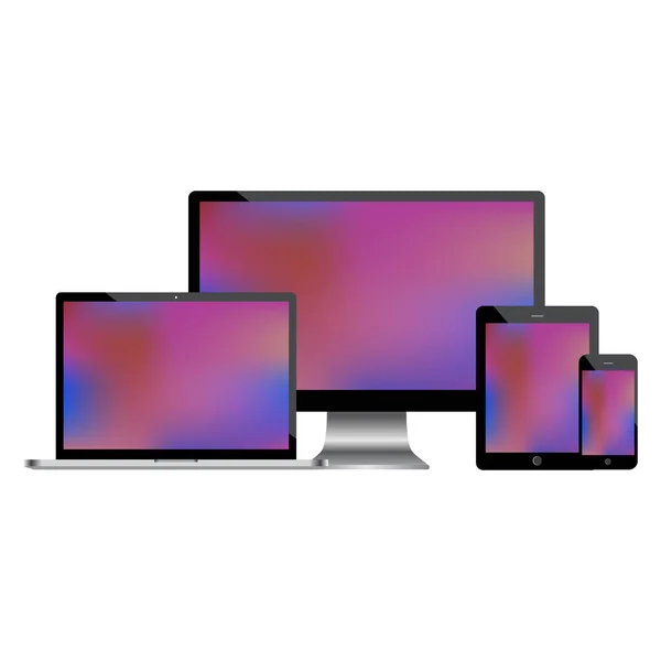 Conjunto de monitor de ordenador realista, ordenador portátil, tabletas y teléfono móvil — Vector de stock