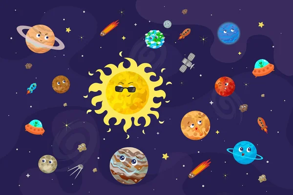 Ilustración vectorial del espacio, universo. Tiernos planetas de dibujos animados, asteroides, cometas, cohetes . — Vector de stock