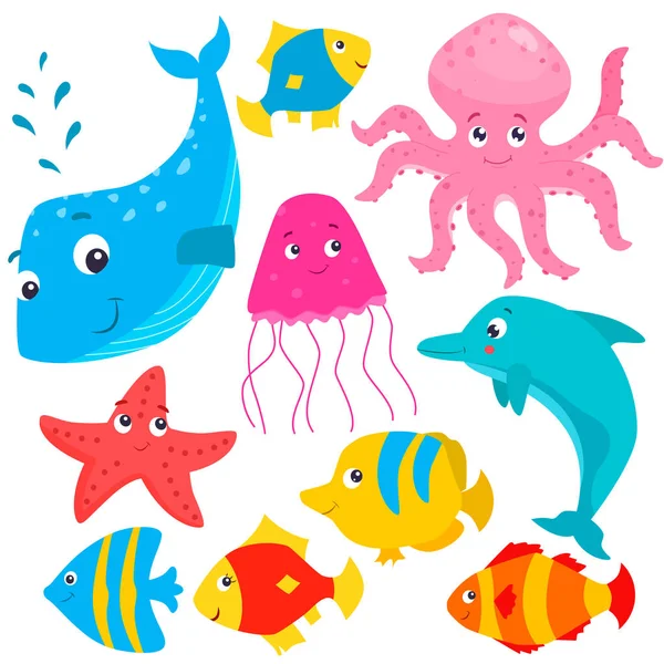 カラフルな漫画のセットかわいい海の動物。ベクトル平図. — ストックベクタ