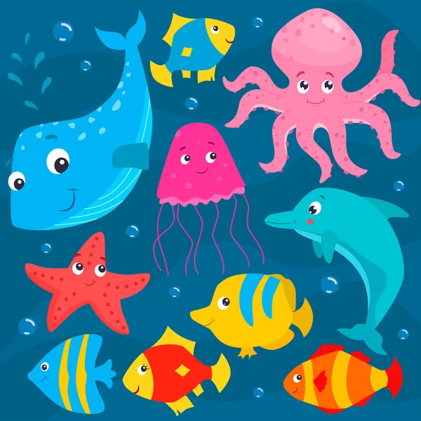 Sada karikatury barevné roztomilé mořské živočichy. Vektorová plochá ilustrace. — Stockový vektor