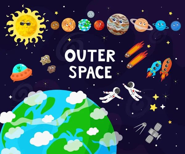 Ilustración vectorial del espacio, universo. Tiernos planetas de dibujos animados, asteroides, cometas, cohetes . — Vector de stock