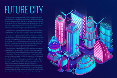 The futuristic night city is illuminated by neon lights in isometric style. The concept of future city with skyscrapers, windmills, drones. Vector illustration. clipart