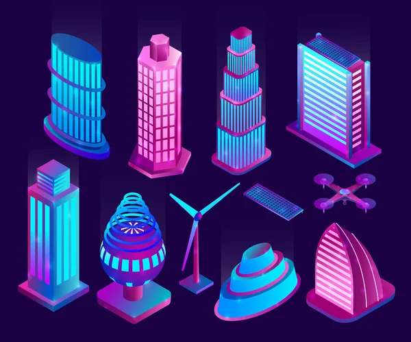 Rascacielos de neón iluminados y objetos de la ciudad moderna. Ilustración vectorial . — Vector de stock