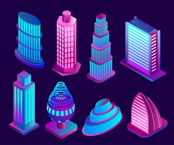 Beleuchtete Neon-Wolkenkratzer und Objekte der modernen Stadt. Vektorillustration. — Stockvektor
