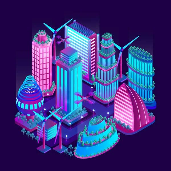 Die futuristische Nachtstadt wird von Neonlichtern im isometrischen Stil beleuchtet. das Konzept einer zukünftigen Stadt mit Wolkenkratzern, Windmühlen, Drohnen. Vektorillustration. — Stockvektor