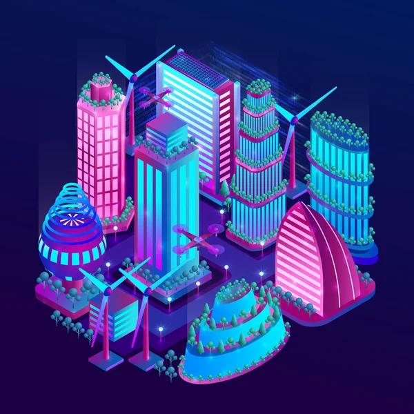 The futuristic night city is illuminated by neon lights in isometric style. The concept of future city with skyscrapers, windmills, drones. Vector illustration. — Stock Vector