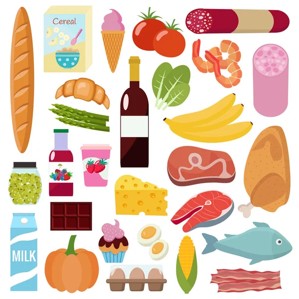 Conjunto de mercearias. Leite, legumes, carne, frango, queijo, salsichas, vinho, frutas, peixe, cereais, suco. Ilustração vetorial, design plano . —  Vetores de Stock