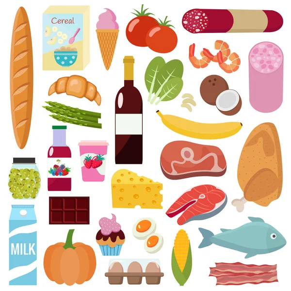 Un set per la spesa. Latte, verdure, carne, pollo, formaggio, salsicce, vino, frutta, pesce, cereali, succo di frutta. Illustrazione vettoriale, design piatto . — Vettoriale Stock