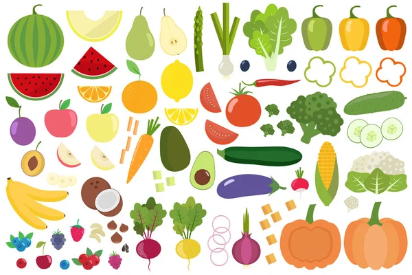 Egészséges zöldségfélék, gyümölcsök és bogyók elszigetelt halmaza. Szelet gyümölcsöt és zöldséget. Lapos kivitel. Organikus farm illusztráció. Egészséges életmód vector design elemek. — Stock Vector