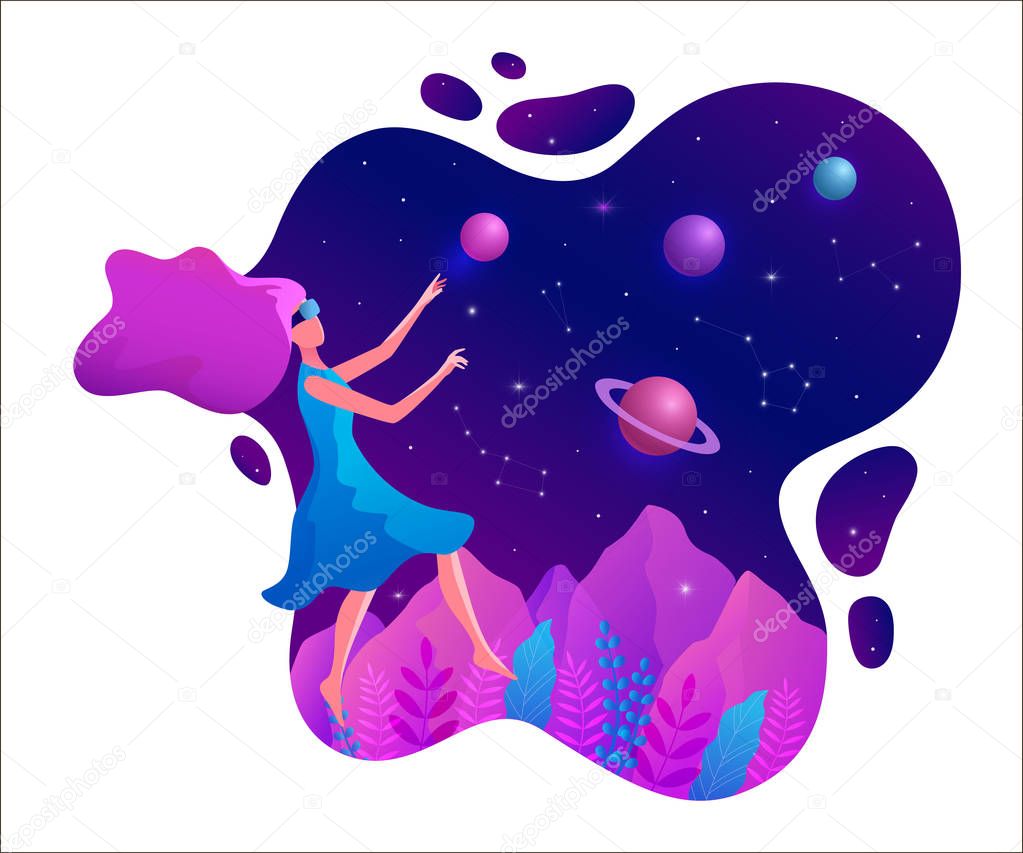 Woman experiencing virtual reality wearing vr goggles vector illustration. Floating girl in space.