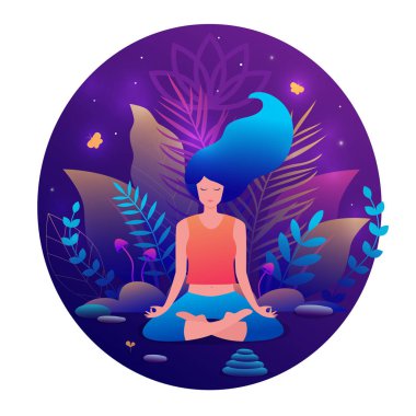 Lotus meditasyon pratik pozisyonda oturan kadın. Yoga kız vektör trendy çizim.