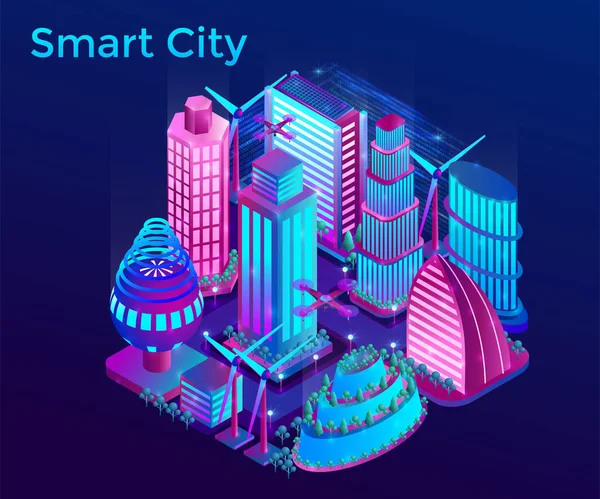 Die futuristische Nachtstadt wird von Neonlichtern im isometrischen Stil beleuchtet. das Konzept der Smart City mit Wolkenkratzern, Windmühlen, Drohnen. Vektorillustration. — Stockvektor