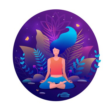 Lotus meditasyon pratik pozisyonda oturan kadın. Yoga kız vektör trendy çizim.