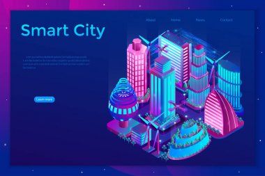 Smart night city is illuminated by neon lights in isometric style. Landing page template. Vector illustration. clipart