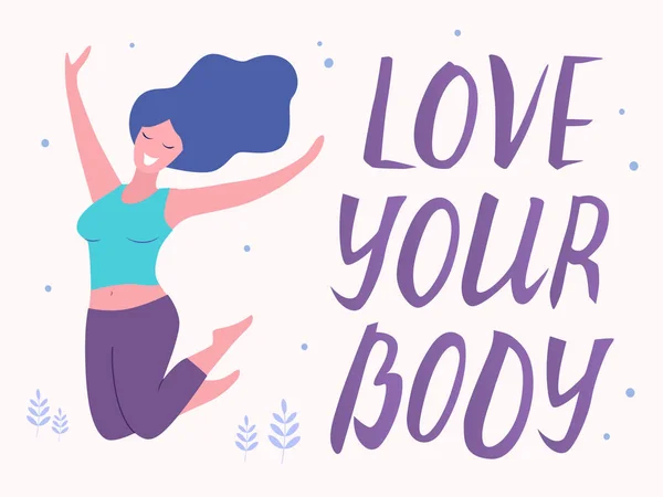 Aşk senin vücut kartı poster. Güzel artı boyutu kadın vektör düz çizim.