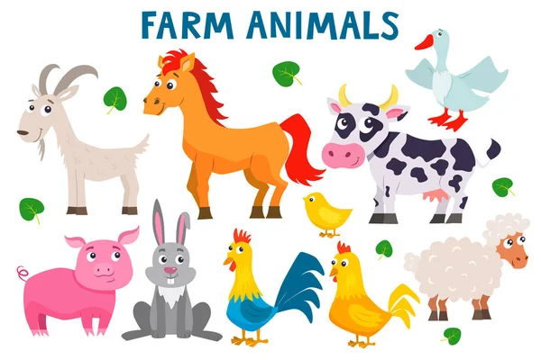 Σύνολο χαριτωμένα ζώα αγρόκτημα κινουμένων σχεδίων. Επίπεδες απεικονίσεις διανύσματος. — Διανυσματικό Αρχείο