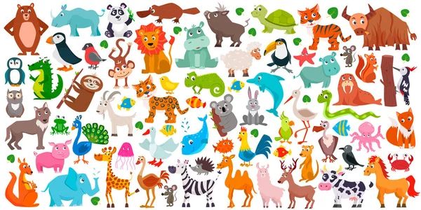 Duży zestaw uroczych kreskówkowych zwierząt. Ilustracja wektora. — Wektor stockowy