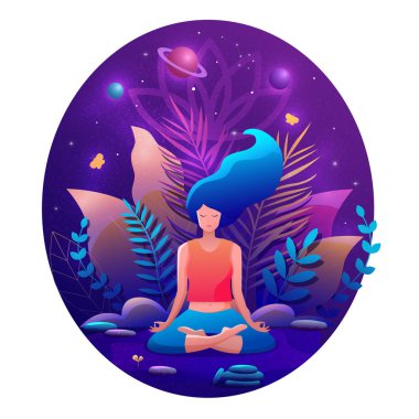 Lotus pozisyonunda oturmuş meditasyon yapan bir kadın. Yoga kız vektör illüstrasyonu.
