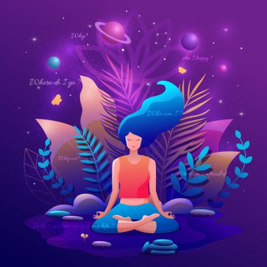 Lotus pozisyonunda oturmuş meditasyon yapan bir kadın. Yoga kız vektör illüstrasyonu.
