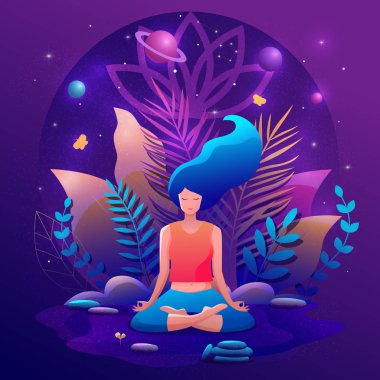 Lotus pozisyonunda oturmuş meditasyon yapan bir kadın. Yoga kız vektör illüstrasyonu.