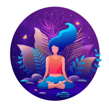 Lotus pozisyonunda oturmuş meditasyon yapan bir kadın. Yoga kız vektör illüstrasyonu.