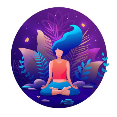 Lotus pozisyonunda oturmuş meditasyon yapan bir kadın. Yoga kız vektör illüstrasyonu.