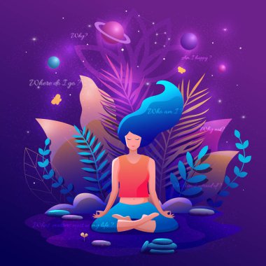 Lotus pozisyonunda oturmuş meditasyon yapan bir kadın. Yoga kız vektör illüstrasyonu.