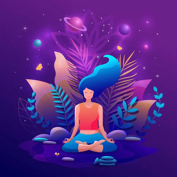 Femme assise en position lotus pratiquant la méditation. Yoga fille illustration vectorielle. — Image vectorielle
