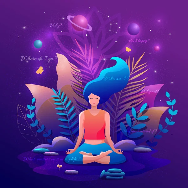 Mujer sentada en posición de loto practicando meditación. Yoga chica vector ilustración. — Vector de stock