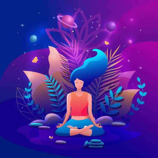 Mujer sentada en posición de loto practicando meditación. Yoga chica vector ilustración. — Vector de stock