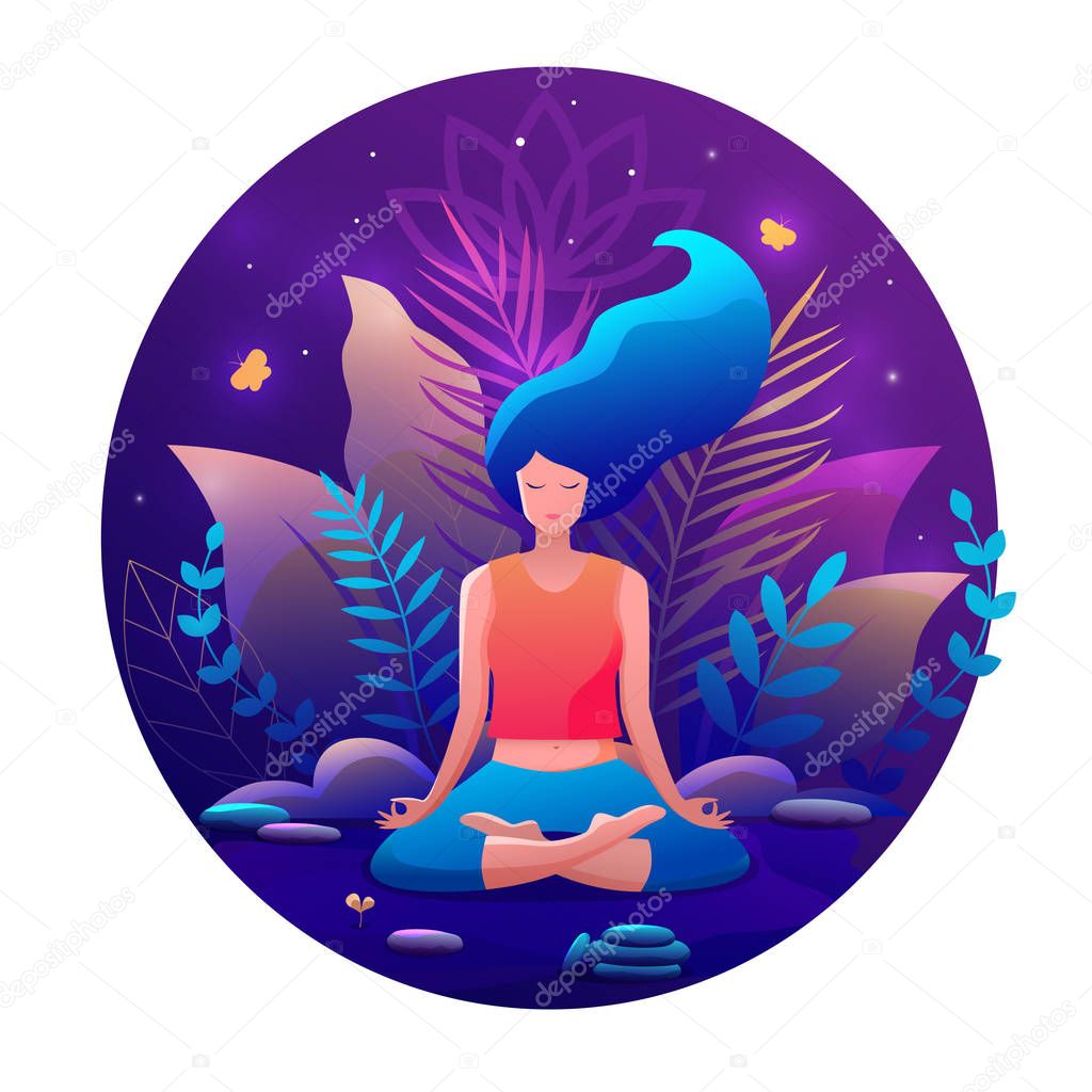 Woman sitting in lotus position practicing meditation. Yoga girl vector illustration.