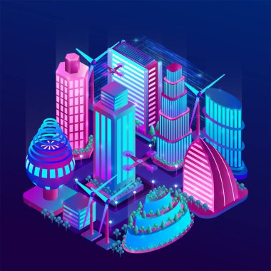 Futuristic night city is illuminated by neon lights in isometric style. The concept of smart city with skyscrapers, windmills, drones. Vector illustration. clipart