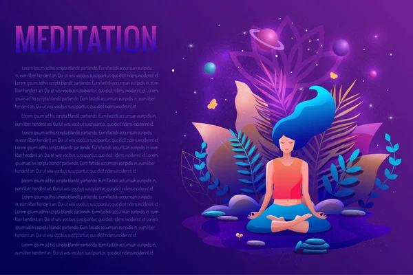 Mujer sentada en posición de loto practicando meditación. Yoga chica vector ilustración. Plantilla de página de destino . — Archivo Imágenes Vectoriales