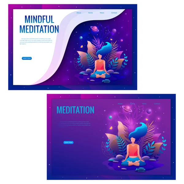 Femme assise en position lotus pratiquant la méditation. Illustration vectorielle fille de yoga. Modèle de page de destination . — Image vectorielle