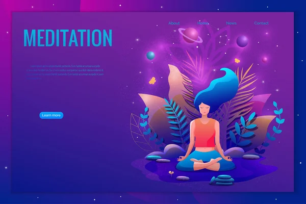 Vrouw zittend in lotuspositie beoefenen van meditatie. Yoga meisje vector illustratie. Sjabloon voor bestemmingspagina. — Stockvector