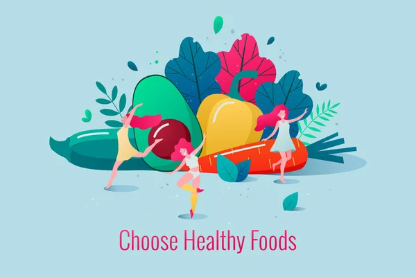 Concept of healthy lifestyle vector illustration. Healthy happy women dancing in front of vegetables and fruits. — Stock Vector