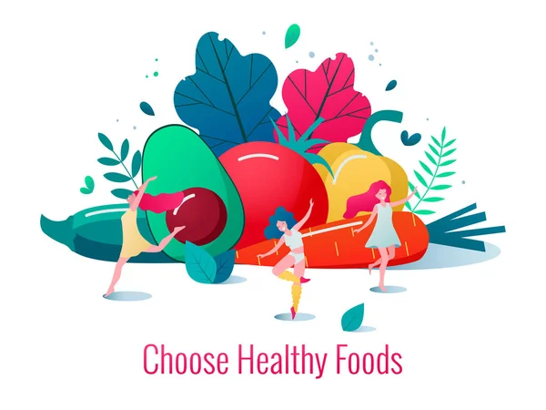 Concept of healthy lifestyle vector illustration. Healthy happy women dancing in front of vegetables and fruits. — Stock Vector
