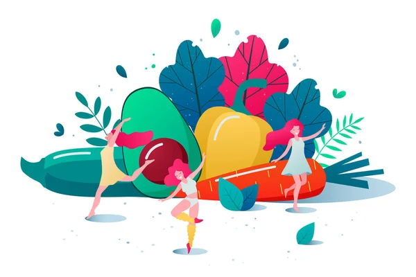 Concepto de estilo de vida saludable vector ilustración. Mujeres sanas y felices bailando delante de verduras y frutas . — Vector de stock