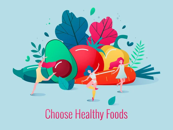 Concept of healthy lifestyle vector illustration. Healthy happy women dancing in front of vegetables and fruits. — Stock Vector