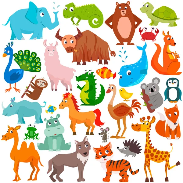 Gran conjunto de animales de dibujos animados lindos. Ilustración vectorial. — Vector de stock